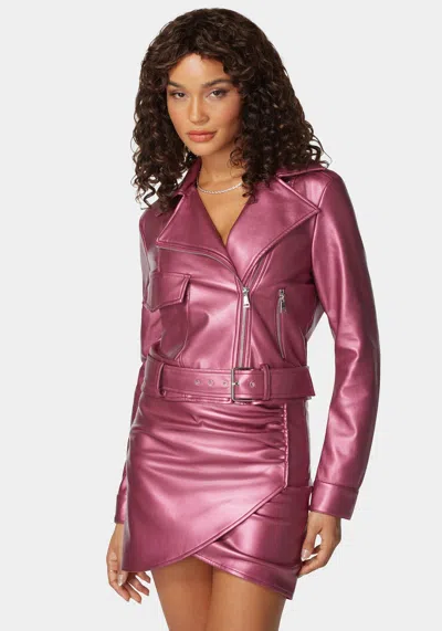Bebe Metallic Vegan Leather Zipper Detail Moto Jacket In Pink Rose