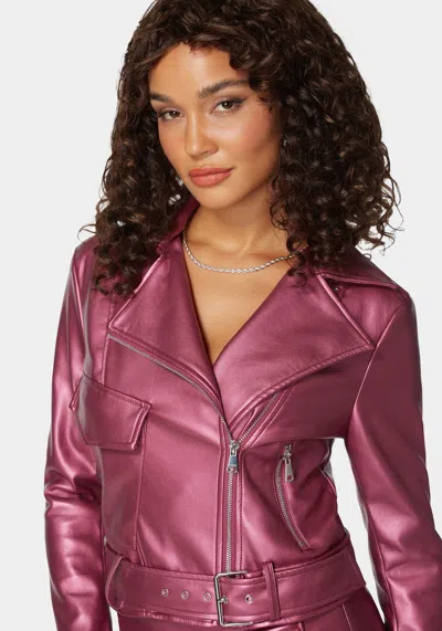 Bebe Metallic Vegan Leather Zipper Detail Moto Jacket In Pink Rose