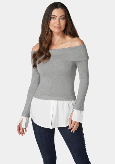 Bebe Poplin Combo Fold Over Off Shoulder Sweater Top In Soft Grey,white Alyssum