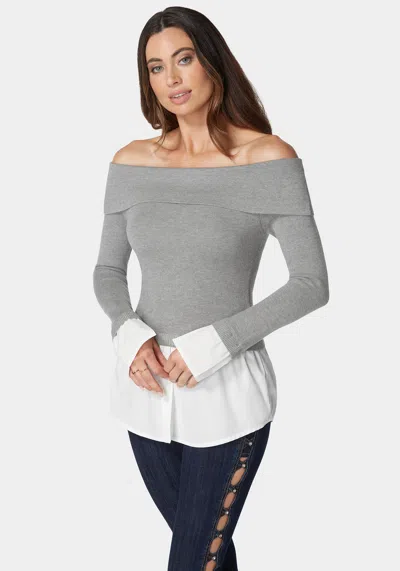 Bebe Poplin Combo Fold Over Off Shoulder Sweater Top In Soft Grey,white Alyssum