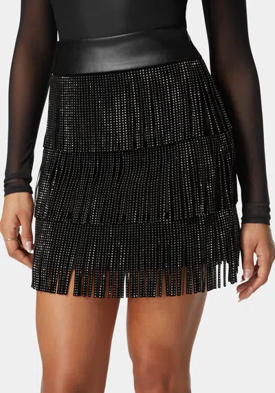 Bebe Suede Fringe Combo Vegan Leather Studded Skirt In Black