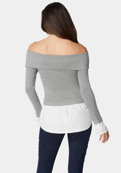 Bebe Poplin Combo Fold Over Off Shoulder Sweater Top In Soft Grey,white Alyssum