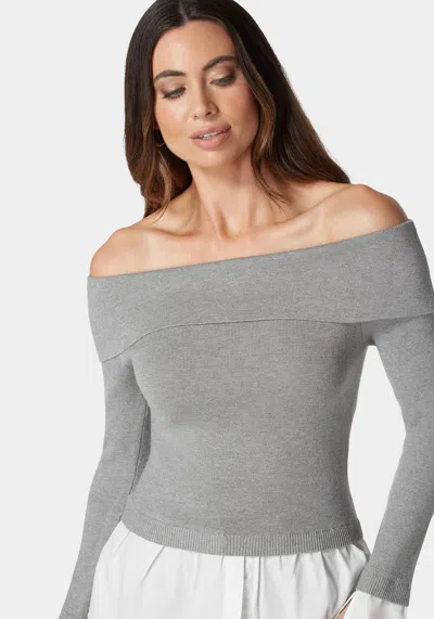Bebe Poplin Combo Fold Over Off Shoulder Sweater Top In Soft Grey,white Alyssum