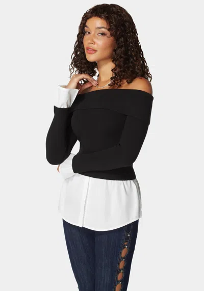 Bebe Poplin Combo Fold Over Off Shoulder Sweater Top In Black,white Alyssum