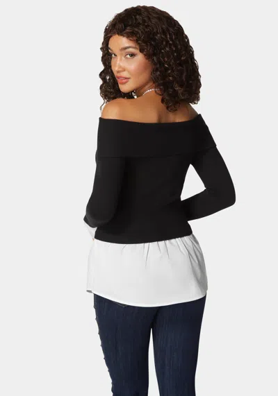 Bebe Poplin Combo Fold Over Off Shoulder Sweater Top In Black,white Alyssum