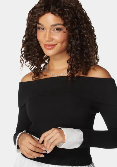 Bebe Poplin Combo Fold Over Off Shoulder Sweater Top In Black,white Alyssum