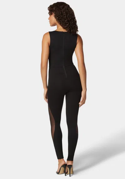 Bebe Asymmetric Neckline Mesh Insert Catsuit In Black