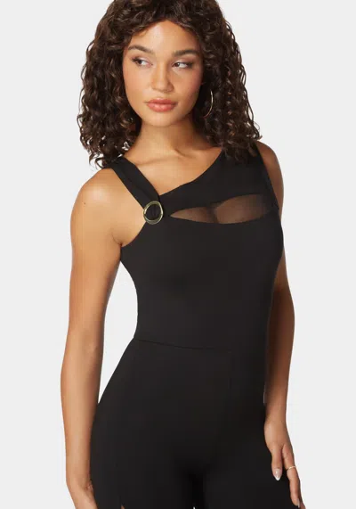 Bebe Asymmetric Neckline Mesh Insert Catsuit In Black