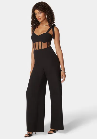 Bebe Self Tie Strap Corset Wide Leg Jumpsuit In Black