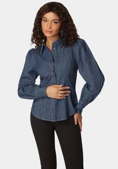 Bebe Button Front Studded Collar Denim Shirt In Dark Blue Wash
