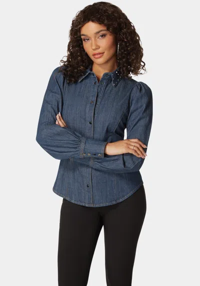 Bebe Button Front Studded Collar Denim Shirt In Dark Blue Wash
