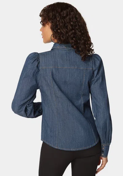 Bebe Button Front Studded Collar Denim Shirt In Dark Blue Wash