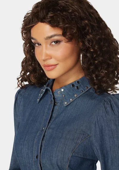 Bebe Button Front Studded Collar Denim Shirt In Dark Blue Wash
