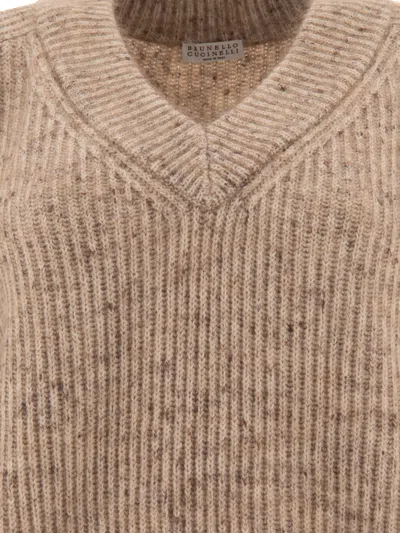 Shop Brunello Cucinelli English Rib Sweater With Monili Knitwear Beige