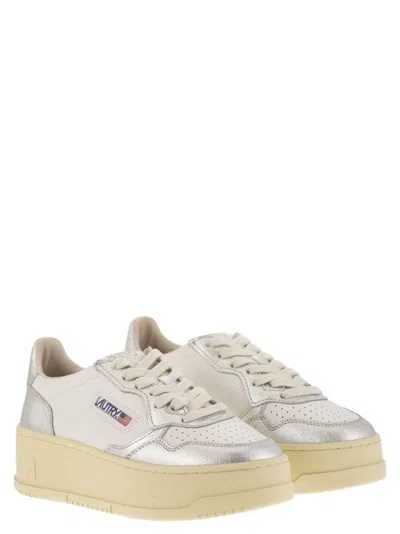 Autry White And Silver Low Top Platform Sneakers With Logo In Silver