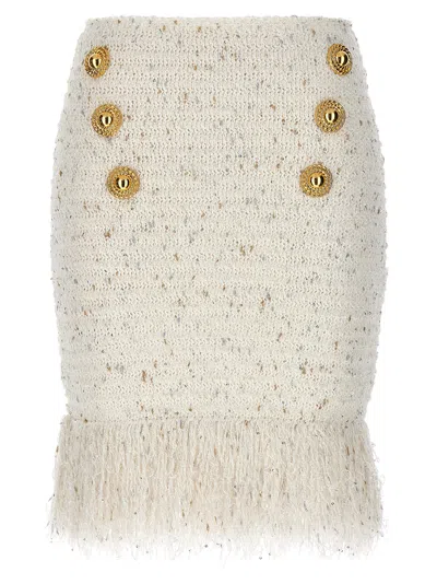 Balmain Tweed Skirt With Fringed Hem And Gold-tone Buttons