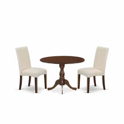 East West Furniture Dmdr3-mah-01 3 Piece Wooden Dining Table Set Includes 1 Drop Leaves Dining Table And 2 Cream Linen F