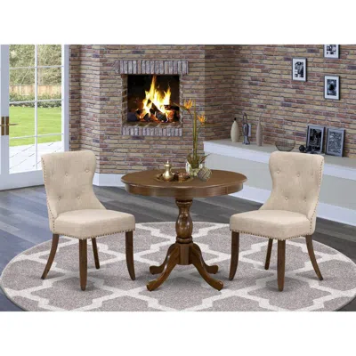 East West Furniture 3 Piece Dining Room Table Set Consists Of 1 Dining Table And 2 Light Tan Linen Fabric Kitchen Chair 