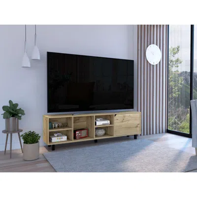 Depot E-shop Conquest Tv Stand, Back Holes, Four Open Shelves, Five Legs- Light Oak, For Living Room