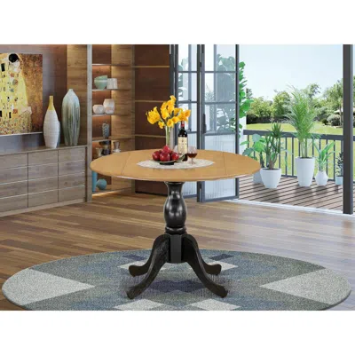 East West Furniture Dining Room Table With Drop Leaves - Oak Table Top And Black Pedestal Leg Finish