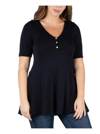 24seven Comfort Apparel Plus Size Elbow Sleeve Henley Tunic Top In Black