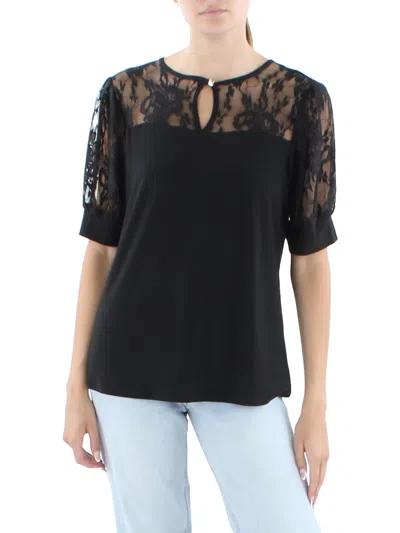 Ny Collection Petite Size Short Puff Sleeve Top With Lace Sleeves And Yoke In Black