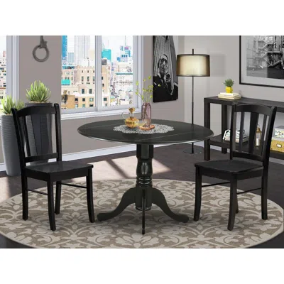 East West Furniture Dldl3-blk-w - 3-pc Dining Table Set - 2 Wood Kitchen Chairs And 1 Drops Leaf Kitchen Table - Black F
