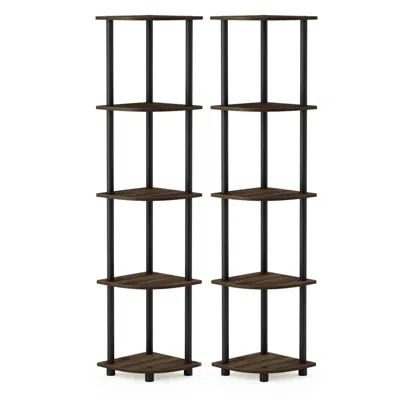 FURINNO TURN-N-TUBE 5 TIER CORNER DISPLAY RACK MULTIPURPOSE SHELVING UNIT, COLUMBIA WALNUT/BLACK, SET OF 2 