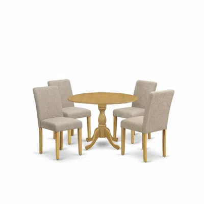 East West Furniture Dmab5-oak-04 5 Piece Dining Room Table Set - Oak Wood Dining Table And 4 Light Tan Linen Fabric Dini
