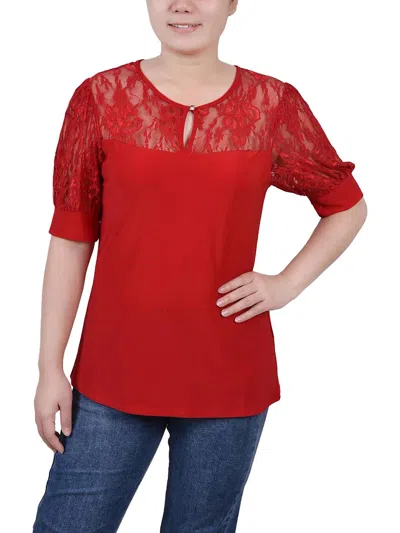 Ny Collection Petite Size Short Puff Sleeve Top With Lace Sleeves And Yoke In Multi