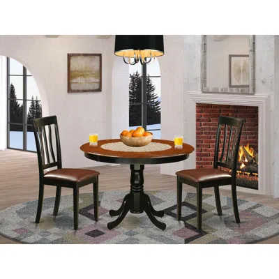 East West Furniture 3 Pc Set With A Round Dinette Table And 2 Leather Kitchen Chairs In Black
