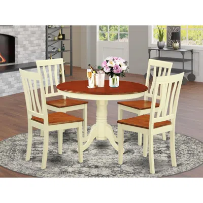 East West Furniture 5 Pc Set With A Round Small Table And 4 Wood Dinette Chairs In Buttermilk And Cherry .