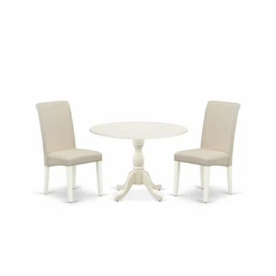 East West Furniture Dmba3-lwh-01 3 Piece Dinning Room Table Set Contains 1 Drop Leaves Dining Table And 2 Cream Linen Fa