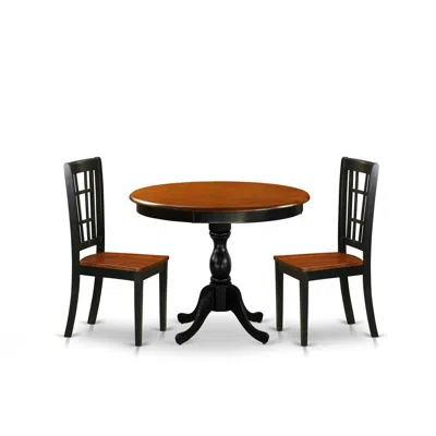 East West Furniture 3-piece Modern Dining Table Set Contains A Dining Room Table And 2 Dining Chairs With Slatted Back -