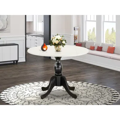 East West Furniture Round Kitchen Table With Drop Leaves - Linen White Table Top And Black Pedestal Leg Finish