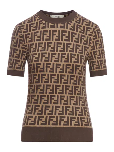 Fendi Women Brown T-shirt With Short Sleeves And All-over Ff Motiv In Cotton Woman In Black