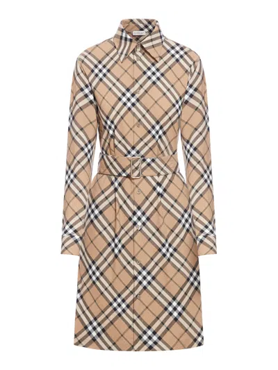 Burberry Check Wool Blend Shirt Dress In Nude & Neutrals
