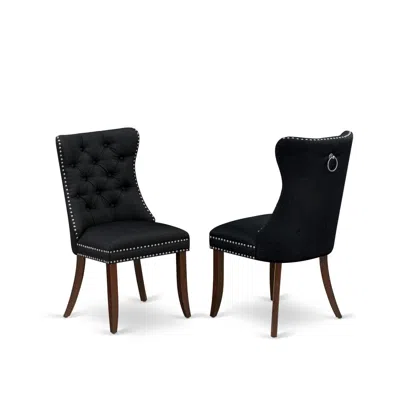 East West Furniture Parson Chairs - Black Linen Fabric Padded Dining Chairs, Set Of 2, Mahogany