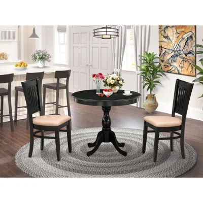 East West Furniture 3-pc Modern Dining Table Set- 2 Wood Dining Chair And Dining Room Table - Linen Fabric Seat And Slat