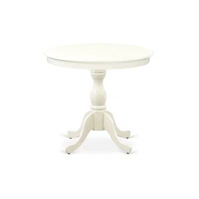 East West Furniture Round Modern Dining Table Linen White Color Table Top Surface And Asian Wood Round Dining Table Pede