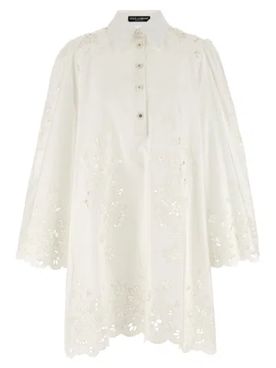 Dolce & Gabbana Sleeve Puff Embroidery Floral Hem Scalloped In White