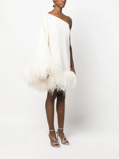 Taller Marmo Piccolo Ubud One-shoulder Feather-trimmed Crepe Mini Dress In White