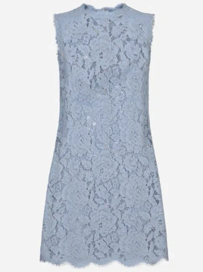 Dolce & Gabbana Light Blue Sleeveless A Line Dress In Floral Dg Lace Woman In Glicine Viola
