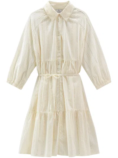 Woolrich Tiered Skirt Cotton Shirt Dress With Puff Sleeves In White
