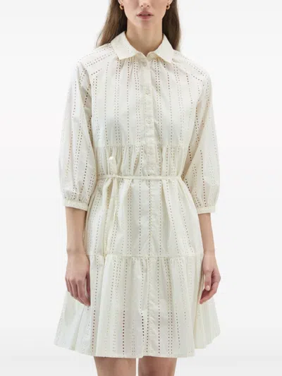 Woolrich Tiered Skirt Cotton Shirt Dress With Puff Sleeves In White