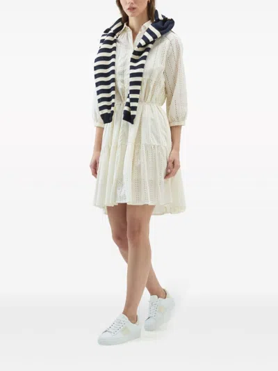 Woolrich Tiered Skirt Cotton Shirt Dress With Puff Sleeves In White