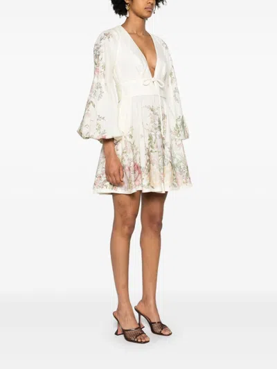 Shop Zimmermann Floral Print Linen Mini Dress In Beige