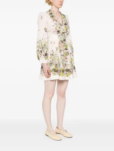 Shop Zimmermann Floral Print Linen Mini Dress In Beige