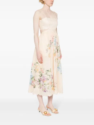 Shop Zimmermann Floral Print Linen Midi Dress In Beige