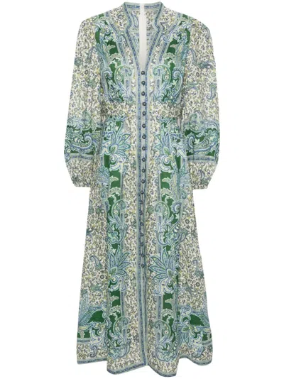 Shop Zimmermann Paisley Print Linen Midi Dress In Green